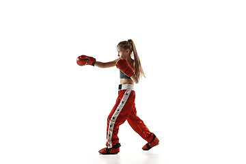 Image showing Young female kickboxing fighter training isolated on white background