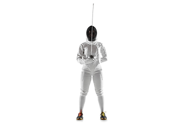 Image showing Teen girl in fencing costume with sword in hand isolated on white background