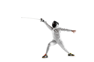 Image showing Teen girl in fencing costume with sword in hand isolated on white background