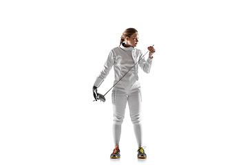 Image showing Teen girl in fencing costume with sword in hand isolated on white background