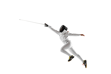 Image showing Teen girl in fencing costume with sword in hand isolated on white background