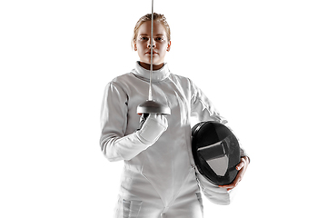 Image showing Teen girl in fencing costume with sword in hand isolated on white background