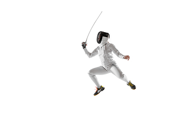 Image showing Teen girl in fencing costume with sword in hand isolated on white background