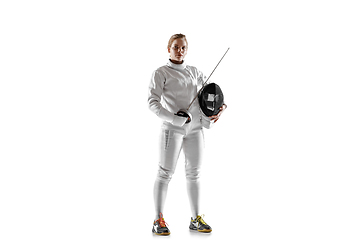 Image showing Teen girl in fencing costume with sword in hand isolated on white background