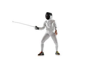 Image showing Teen girl in fencing costume with sword in hand isolated on white background