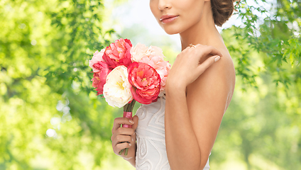 Image showing young woman or bride with bouquet of flowers