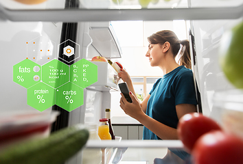 Image showing woman with smartphone and food at fridge