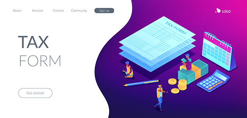 Image showing Tax form isometric 3D landing page.