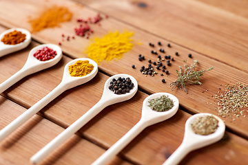 Image showing spoons with different spices on wooden table