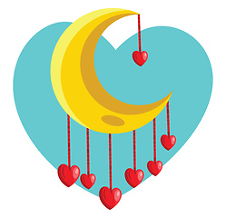 Image showing Red hearts hanging from yellow new moon vector illustration in a