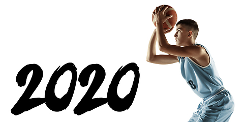 Image showing Full length portrait of a young basketball player with ball, meeting 2020