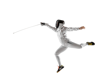 Image showing Teen girl in fencing costume with sword in hand isolated on white background