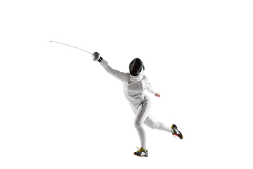 Image showing Teen girl in fencing costume with sword in hand isolated on white background