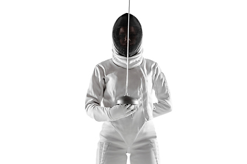 Image showing Teen girl in fencing costume with sword in hand isolated on white background