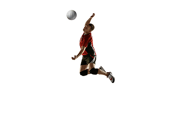 Image showing Young caucasian volleyball player placticing isolated on white background