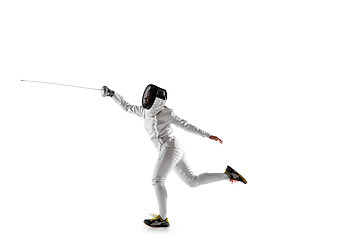 Image showing Teen girl in fencing costume with sword in hand isolated on white background