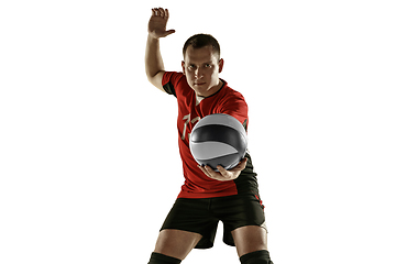 Image showing Young caucasian volleyball player placticing isolated on white background