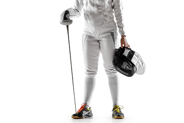 Image showing Teen girl in fencing costume with sword in hand isolated on white background