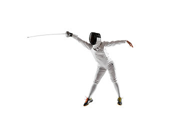 Image showing Teen girl in fencing costume with sword in hand isolated on white background