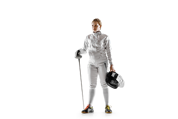 Image showing Teen girl in fencing costume with sword in hand isolated on white background