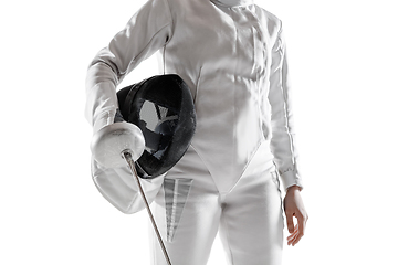 Image showing Teen girl in fencing costume with sword in hand isolated on white background