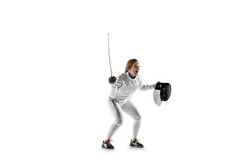 Image showing Teen girl in fencing costume with sword in hand isolated on white background