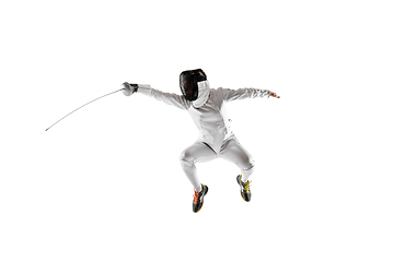 Image showing Teen girl in fencing costume with sword in hand isolated on white background