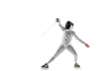 Image showing Teen girl in fencing costume with sword in hand isolated on white background