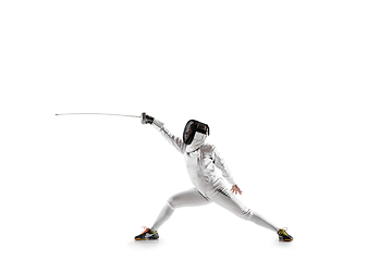 Image showing Teen girl in fencing costume with sword in hand isolated on white background