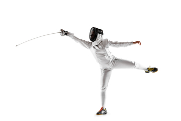 Image showing Teen girl in fencing costume with sword in hand isolated on white background