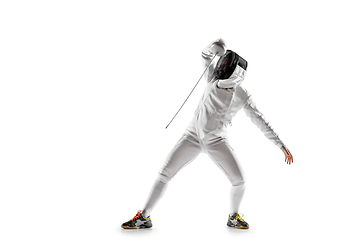 Image showing Teen girl in fencing costume with sword in hand isolated on white background