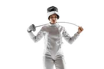 Image showing Teen girl in fencing costume with sword in hand isolated on white background