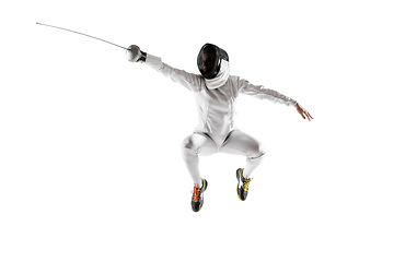 Image showing Teen girl in fencing costume with sword in hand isolated on white background