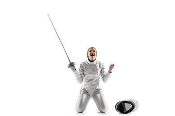 Image showing Teen girl in fencing costume with sword in hand isolated on white background