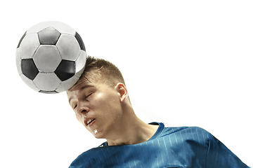 Image showing Close up of emotional man playing soccer hitting the ball with the head on isolated white background