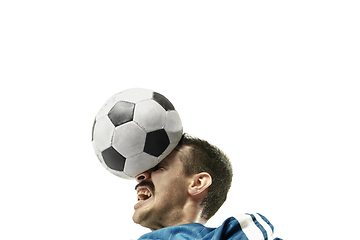 Image showing Close up of emotional man playing soccer hitting the ball with the head on isolated white background