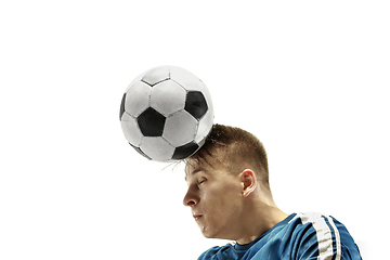 Image showing Close up of emotional man playing soccer hitting the ball with the head on isolated white background