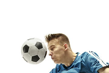 Image showing Close up of emotional man playing soccer hitting the ball with the head on isolated white background