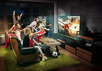 Image showing Group of friends watching TV, football match, sport together