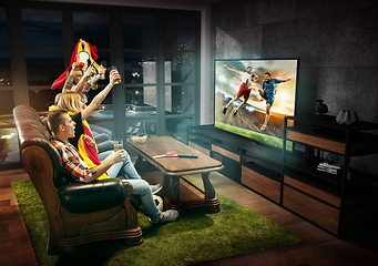 Image showing Group of friends watching TV, football match, sport together