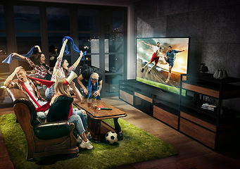 Image showing Group of friends watching TV, football match, sport together