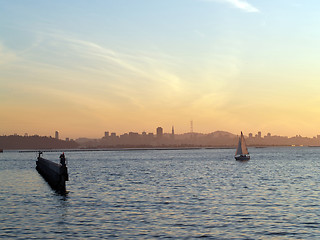 Image showing Sailboat on San Francisco Bay approaching breakwater