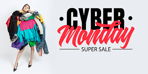 Image showing Woman addicted of sales and clothes, cyber monday, sales concept