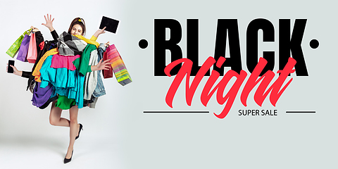 Image showing Woman addicted of sales and clothes, black night, sales concept