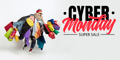 Image showing Man addicted of sales and clothes, cyber monday, sales concept