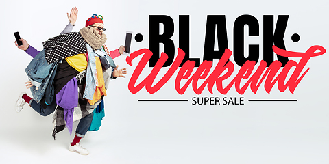 Image showing Man addicted of sales and clothes, black weekend, sales concept