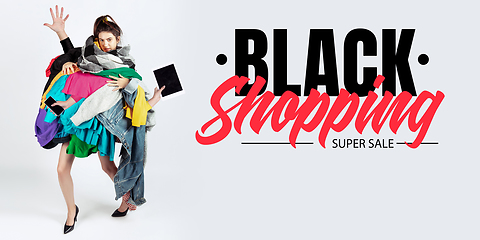 Image showing Woman addicted of sales and clothes, black shopping, sales concept