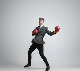 Image showing Caucasian man in office clothes boxing isolated on grey studio background