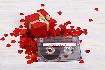 Image showing Audio cassette tape and small hearts