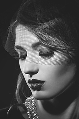 Image showing beautiful girl with pearl necklace and veil hat